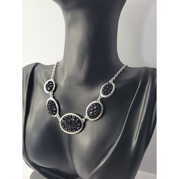 Vintage Black Druzy Style Statement Necklace Silver Tone Oval Faceted Stones - Picture 6 of 10